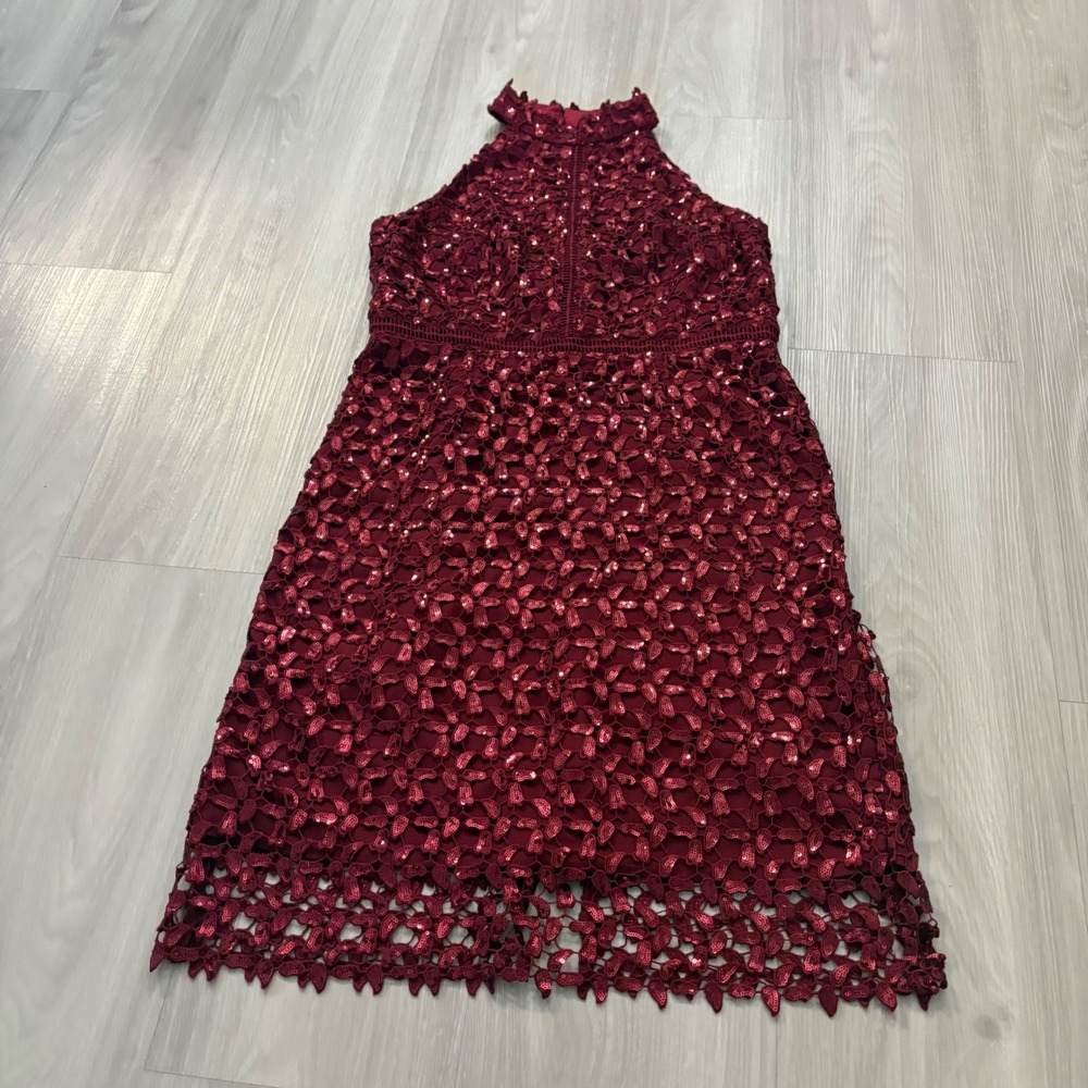 Boston Proper Dress Women Burgundy Sequin Lace Halter Cocktail Wine Red Size 14
